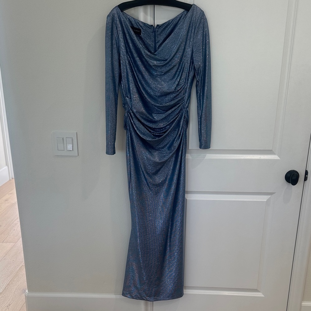 Elegant Metallic Blue Maxi Dress